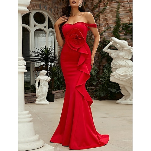 Robe de Soirée Sirène Élégante Robe Formelle Traîne Balayage  Brosse Manches Courtes Épaules Dénudées Poche Crêpe Extensible avec Plis