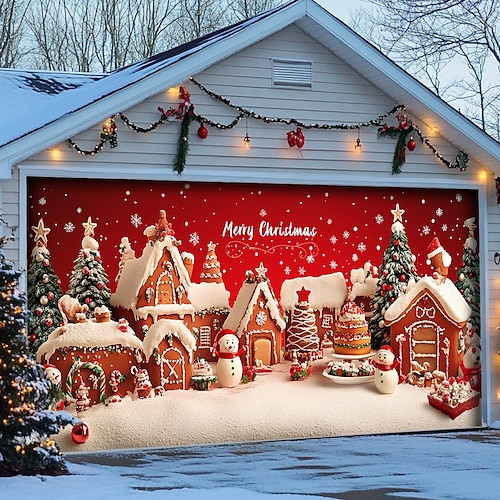  Christmas Door Decorations Garage Door Cover Santa Snowman Jingle Bell Xmas Outdoor Banner Large Backdrop for Holiday Home Wall Gifts Snow Village Christmas Tree