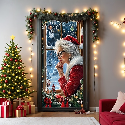  bannière de noël décorations de porte de Noël, couvertures de porte, tapisserie de porte de grand-mère décoration de toile de fond intérieure/extérieure pour porte d'entrée, ferme