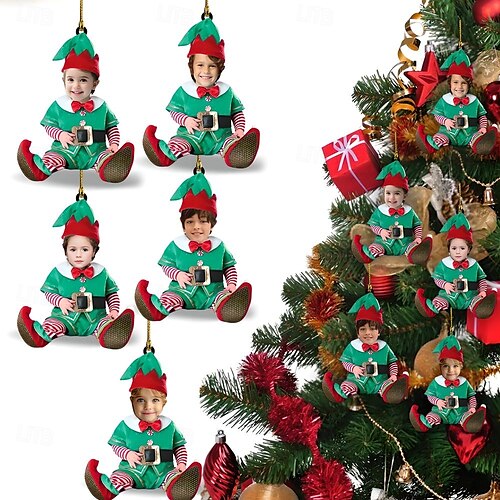  5 Csomag Személyre szabott Fénykép Karácsonyi Díszek Akryl 2D Egyedi Elf Baba Arca Karácsonyfadíszek Karácsonyi Dekoráció Akasztós Medál Ajándékok
