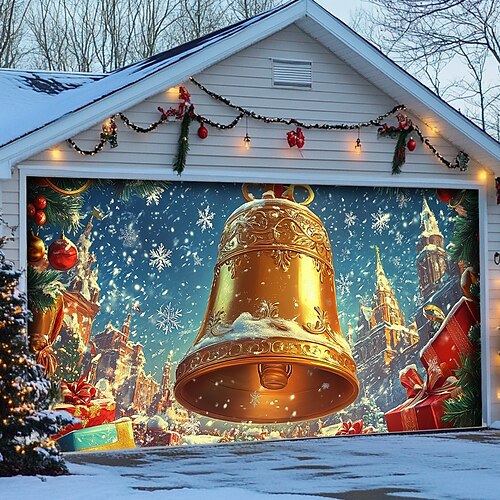  Christmas Door Decorations Garage Door Cover Santa Snowman Jingle Bell Xmas Outdoor Banner Large Backdrop for Holiday Home Wall Gifts Snow Village Christmas Tree