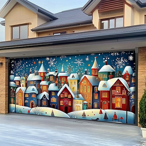  Christmas Door Decorations Garage Door Cover Santa Snowman Jingle Bell Xmas Outdoor Banner Large Backdrop for Holiday Home Wall Gifts Snow Village Christmas Tree