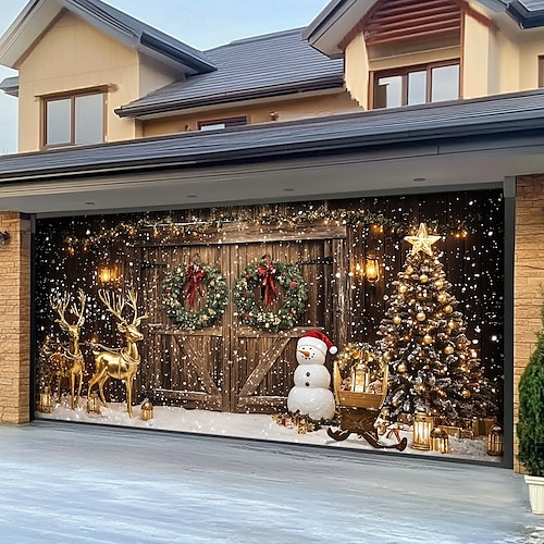  Christmas Door Decorations Outdoor Garage Door Cover Xmas Banner Christmas Scene Farmhouse Large Christmas Backdrop for Holiday Outdoor Garage Door Home Wall Decorations