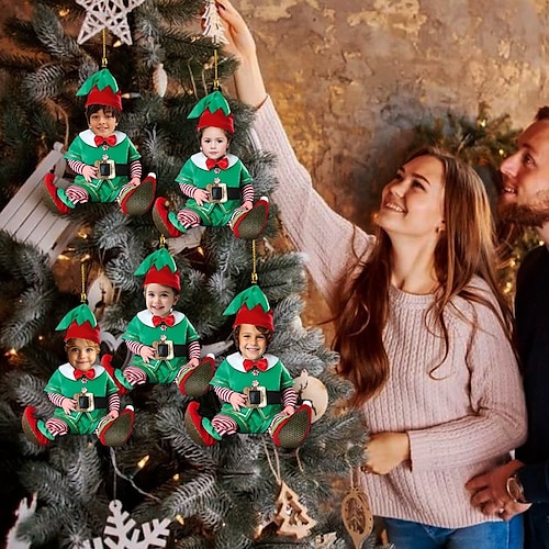  5 Csomag Személyre szabott Fénykép Karácsonyi Díszek Akryl 2D Egyedi Elf Baba Arca Karácsonyfadíszek Karácsonyi Dekoráció Akasztós Medál Ajándékok