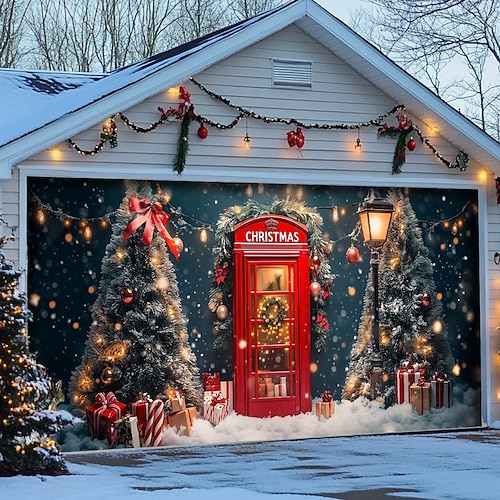  Christmas Door Decorations Outdoor Garage Door Cover Xmas Banner Christmas Scene Farmhouse Large Christmas Backdrop for Holiday Outdoor Garage Door Home Wall Decorations