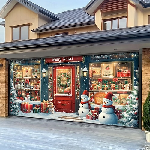  Christmas Door Decorations Garage Door Cover Santa Snowman Jingle Bell Xmas Outdoor Banner Large Backdrop for Holiday Home Wall Gifts Snow Village Christmas Tree