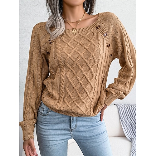 Dam Tröja Pullover tröja Ledigt Mjukt Ren färg Ribbad Fyrkantig hals Knappar Stickat Långärmad Vanliga toppar Sticka Utomhus Dagligen Helgen Vit Kaki Höst Vinter