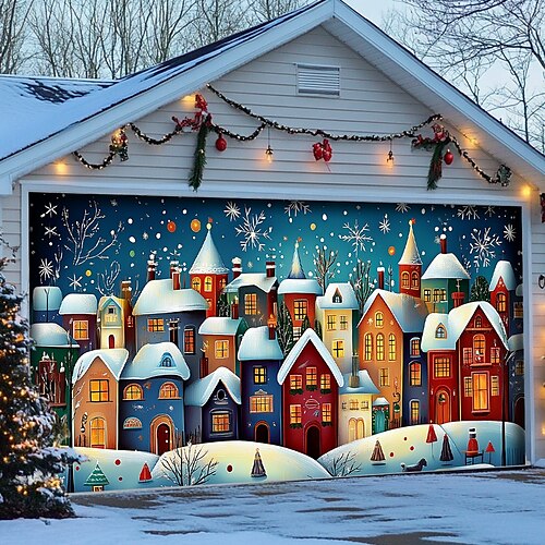  Christmas Door Decorations Garage Door Cover Santa Snowman Jingle Bell Xmas Outdoor Banner Large Backdrop for Holiday Home Wall Gifts Snow Village Christmas Tree