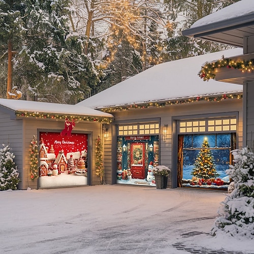  Christmas Door Decorations Garage Door Cover Santa Snowman Jingle Bell Xmas Outdoor Banner Large Backdrop for Holiday Home Wall Gifts Snow Village Christmas Tree