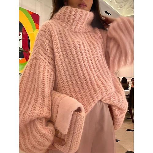 Damen Pullover Brautkleider schlicht Weich Einfarbig Grobstricken Rollkragen Strick Langarm Normale Oberteile Stricken Outdoor Täglich Wochenende Rosa Blau Herbst Winter