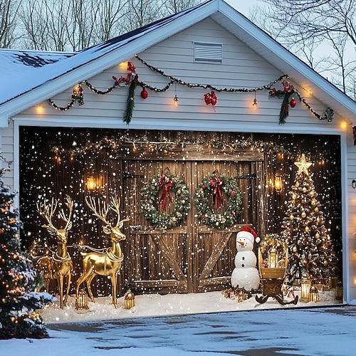  Christmas Door Decorations Outdoor Garage Door Cover Xmas Banner Christmas Scene Farmhouse Large Christmas Backdrop for Holiday Outdoor Garage Door Home Wall Decorations