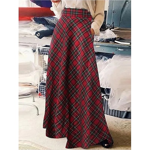 jupe femme une ligne maxi jupes poche imprimé plaid rue quotidien hiver mode décontracté noir rouge vert