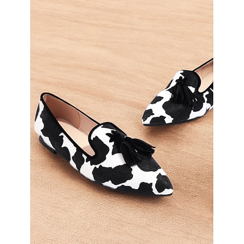  Women's Cow Print Tassel Loafers with Green Trim – Stylish Slip-On Dress Shoes for Casual and Formal Occasions