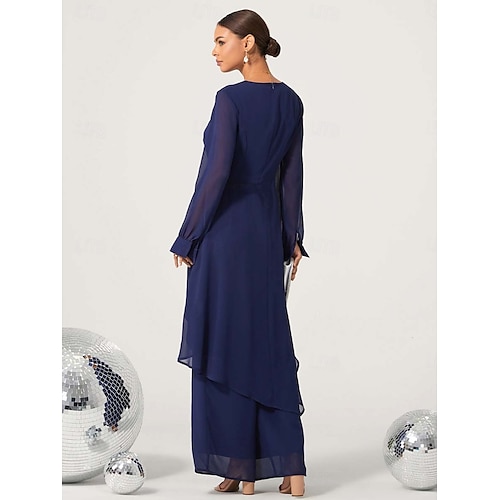  női esküvői vendég jumpsuit elegáns sötétkék hosszú áttetsző ujjú széles láb elegáns esti parti viselet kerek nyakkivágás tavasz nyár ősz