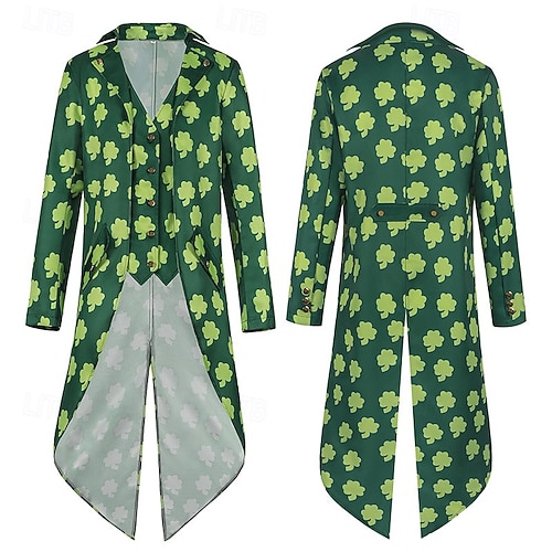  St. Patrick 2026 Leprechaun Clover Irish Carnival Fancy Costume Tailcoat Top Hat Medieval Adults' Men's Carnival Saint Patrick's Day Party Easy Carnival Costume Dress Up