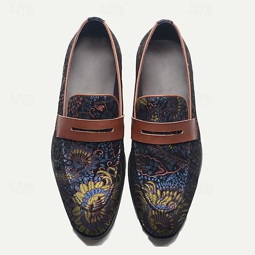  Floral Embroidered Men's Dress Loafers - Exotic Printed Leather Shoes with Contrasting Strap