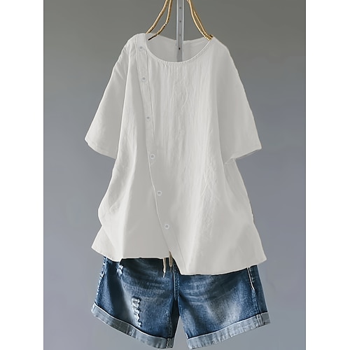 Femmes Grande taille Chemises inspirées du lin Chemisier Uni Occasionnel Manche Courte Col ras du cou Hauts Réguliers Quotidien Boutons Blanche Rose Claire Kaki Toutes saisons
