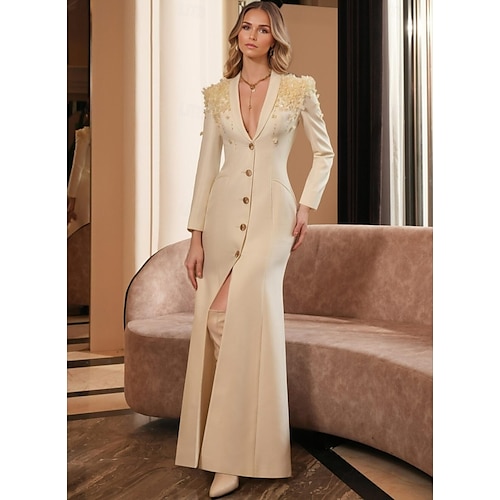 Blazer A-Linje Blomster Kvelds Kjole Elegant Tuxedo Kjole Formell Bryllup Gulvlengde Lange Ermer Høy Utringning med Applikasjoner