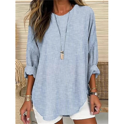 Femmes Chemise Chemises en coton et lin Rayé Quotidien Élégant Moderne manche longue Col ras du cou Vacances Soirée Quotidien Patchwork Bleu Gris Printemps Automne