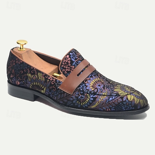  Floral Embroidered Men's Dress Loafers - Exotic Printed Leather Shoes with Contrasting Strap