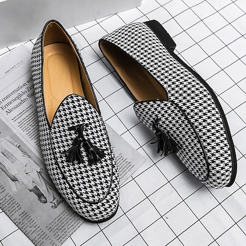 Men\'s White Houndstooth Dress Loafers Tassels OneDrop_Handmade_Houndstooth_F  main image 2