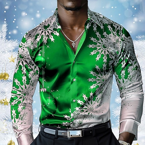 Christmas Men's Snowflake Satin Shirt Dress Shirt Button Up Shirt Long Sleeve Casual Vacation Party Evening Wear Dailywear Summer Spring Fall Collared Shirts 3D Print Yellow Red Blue Purple Green 2026