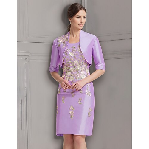 Robe Sheath  Column Robe de Mère de la Mariée Élégante Vintage Col Bijou Longueur Genou Satin Dentelle Veste à Manches Mi-Longues avec Broderies Robes de Jour de Course