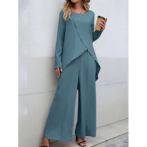 Femmes Ensembles inspirés du lin Ensembles deux pièces T-shirt Pantalons à Jambes Larges manche longue Couleur Unie Noir Bleu Kaki Printemps Coupe régulière