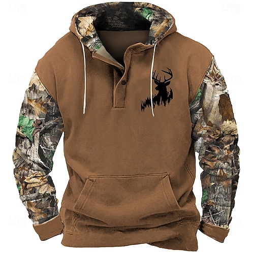Men's Camo Camouflage Deer Hoodie Sweatshirt Cowboy Casual Long