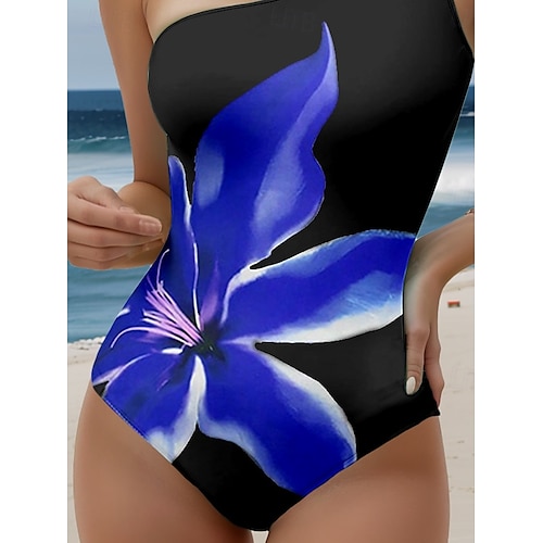  Damernas baddräkter En-delad Monokini baddräkt Rygglös Stomach Control Hög midja Slank Semester Strandkläder Blommig Asymmetrisk hals ärmlösa baddräkter