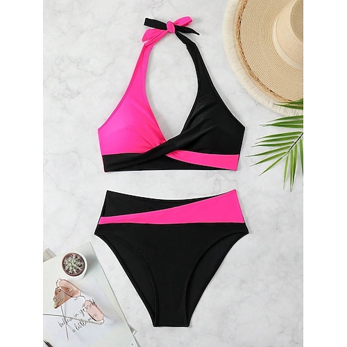  Maillots de bain femmes Bikini 2 pièces Maillot de bain dénudé Sans dos Vacances Plage Couleur unie Col halter Sans manches