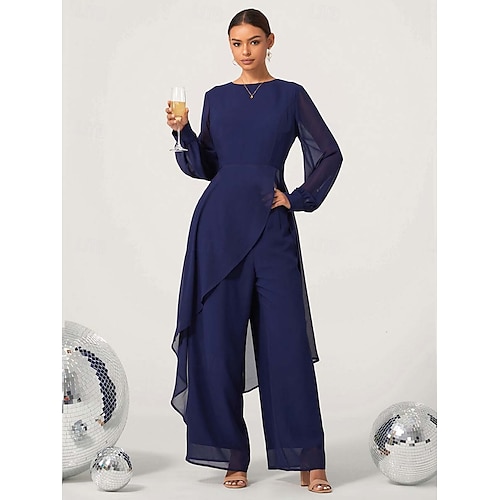  női esküvői vendég jumpsuit elegáns sötétkék hosszú áttetsző ujjú széles láb elegáns esti parti viselet kerek nyakkivágás tavasz nyár ősz