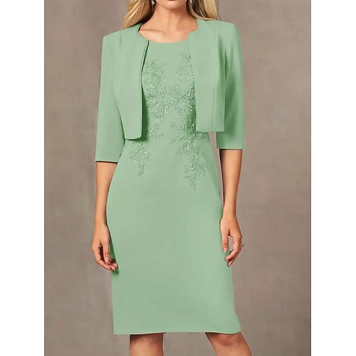 Robe deux pièces en ligne droite  colonne costume de mariage à la plage robe de mère de la mariée simple col bijou longueur genou tissu élastique vestes à broderie appliquées robe de jour de course