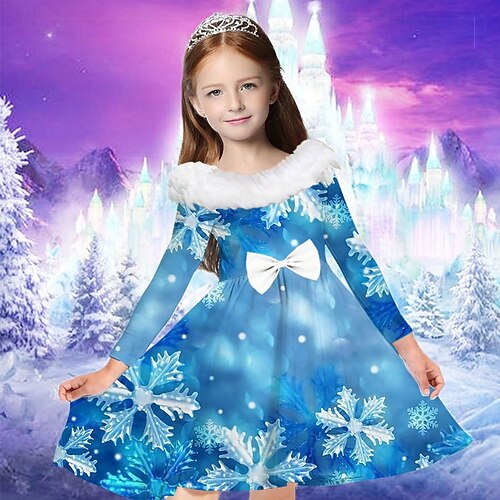 Disney Frozen Frozen Casual Dress Kids Girls' Dress Snowflake Dress Snowflake Long Sleeve Casual Fur Trim Crewneck Adorable Daily Polyester Above Knee Casual Dress Swing Dress A Line Dress Fall Winter 