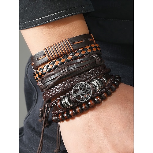 Conjunto de pulseras de cuero para hombre: brazalete trenzado vintage multicapa con cuentas y dije de árbol de la vida para estilos casuales y bohemios