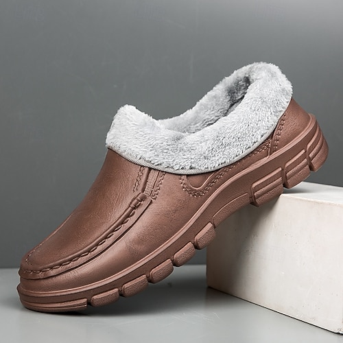 Men's Black Faux Leather Slip-on Shoes with Fur Lining - Warm and Comfortable for Winter Men's Black Faux Leather Slip-on Shoes with Fur Lining - Warm and Comfortable for Winter