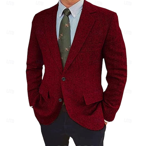  Herren Tweed Fischgrät Blazer Retro Vintage Jacke Winter Regular Übergröße Einreihig Zwei Knöpfe Braun Schwarz Blau
