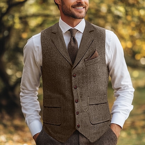  Chaleco de Hombre de Tweed Herringbone Marrón Gris Ajuste Estándar Con Muesca de Cinco Botones