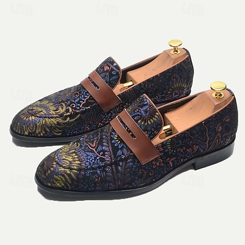  Floral Embroidered Men's Dress Loafers - Exotic Printed Leather Shoes with Contrasting Strap