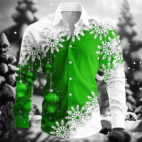 Christmas Men's Snowflake Designer Shirt Long Sleeve Resort Fashion Casual Christmas Party Winter Spring & Fall Turndown Shirt Collar Button Up Blue