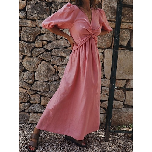 Per donna Abito maxi Abiti ispirati al lino Vestito Casual Abito Semplice Casual Sport & Outdoor Streetwear Vestibilità regolare Semplice Mezza Manica Scollo a V Nero Rosa Estate Primavera Autunno