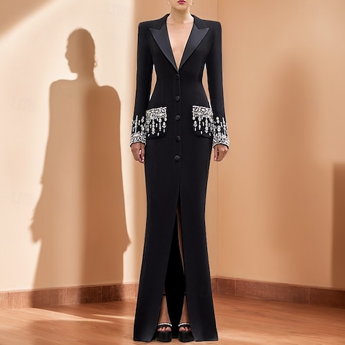 Vestido smoking Linha A sereia Formal Casamento Crepe Esticado Elegante Brilhante Manga Longa Longo Colarinho de Camisa Não Trespassado