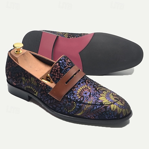  Floral Embroidered Men's Dress Loafers - Exotic Printed Leather Shoes with Contrasting Strap