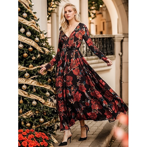robe longue fleurie à col en V et manches longues