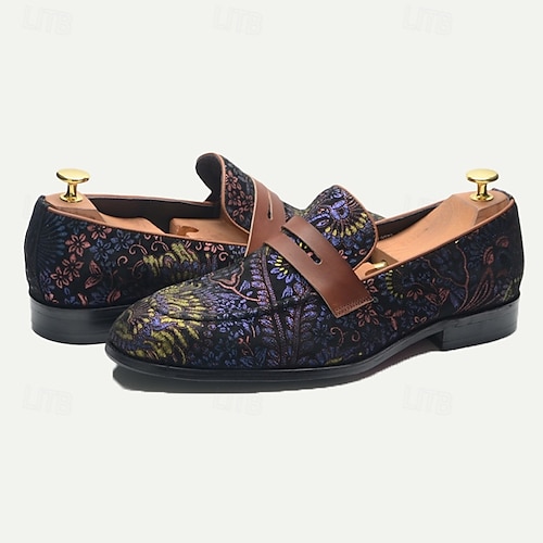  Floral Embroidered Men's Dress Loafers - Exotic Printed Leather Shoes with Contrasting Strap
