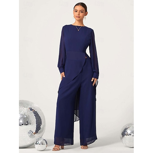  női esküvői vendég jumpsuit elegáns sötétkék hosszú áttetsző ujjú széles láb elegáns esti parti viselet kerek nyakkivágás tavasz nyár ősz