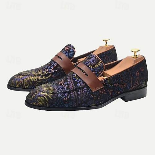  Floral Embroidered Men's Dress Loafers - Exotic Printed Leather Shoes with Contrasting Strap