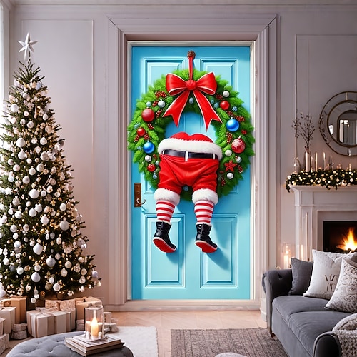  vánoční ozdoby na dveře kryty dveří Vánoce santa krást věnec noha dveře gobelín dveřní záclona dekorace pozadí vnitřní / venkovní banner dveří pro přední dveře statku