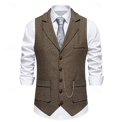 Chaleco de Hombre de Tweed Herringbone Marrón Gris Ajuste Estándar Con Muesca de Cinco Botones