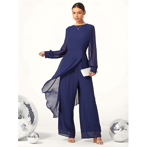  női esküvői vendég jumpsuit elegáns sötétkék hosszú áttetsző ujjú széles láb elegáns esti parti viselet kerek nyakkivágás tavasz nyár ősz
